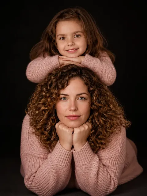 Фотосесія мама і донька: підборіддя на долонях — Дві голови одна над одною (4–6 років)