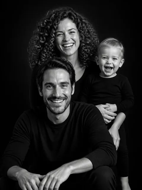 Сімейна фотосесія: пірамідка — Чорно-біле, батько попереду, мама і дитина позаду (1–3 роки)