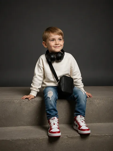 Ідея для дитячої фотосесії: сходинки — Світле худі, навушники і кросівки (4–6 років)
