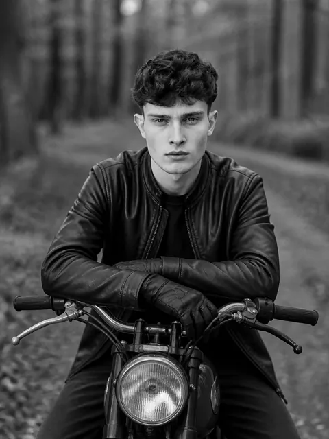 Фотосесія хлопчика: мотоцикл у лісі — Чорно-білий кадр біля класичного мотоцикла (11–15 років)