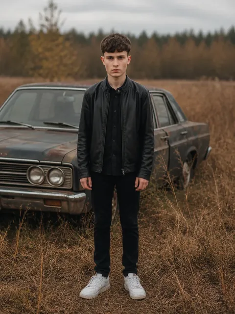 Дитяча фотосесія на природі: осіннє поле — Шкіряна куртка і старий автомобіль у сухій траві (11–15 років)